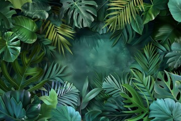 Fototapeta na wymiar Lush green leaves fill the frame, creating a vibrant nature background Artistic composition of an assortment of tropical plants with featuring different textures and shades of green, for a botanical 