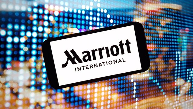 Konskie, Poland - March 02, 2024: Marriott International company logo displayed on mobile phone screen