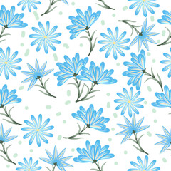 Seamless pattern with abstract blue flowers on white. Vector background, wallpaper for fabric