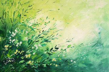 Green leaves in spring. Nature background acrylic painting. Generative AI. - 749445841