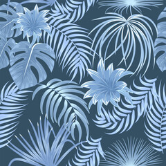Fototapeta na wymiar Seamless vector pattern with blue tropical palm leaves and flowers on dark background.