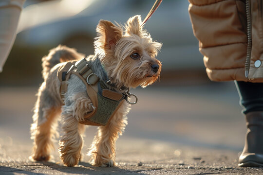 small dog walking with dog harness and leash, woman holding the other end of the leash