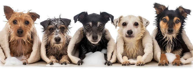 multiple dogs line-up, They are in towels, soap suds on dogs, isolated on white background - obrazy, fototapety, plakaty