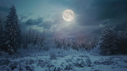 Fototapeta na wymiar Snow forest full moon moonlight landscape