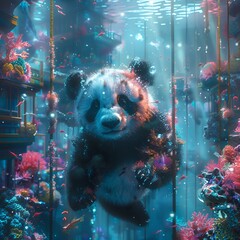 Underwater photography of a cybernetic panda exploring the Hanging Gardens of Babylon, vibrant...