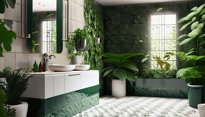 modern bathroom, bathroom with subway tile with a variety of dark green plants, Bright bathroom with a variety of dark green plants of deep forest style