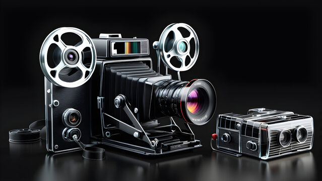 old movie camera. retro video camera with reels isolated on a black background.