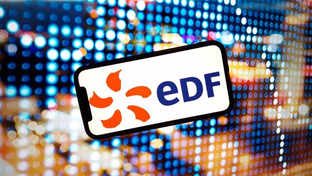 Konskie, Poland - March 02, 2024: EDF Electricite de France company logo displayed on mobile phone screen