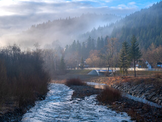 Górska rzeka o poranku we mgle. Rzeka Kamienica w Szczawie