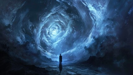 Mysterious figure before a cosmic vortex - A solitary person standing before a swirling vortex of blue cosmic energy portrays a sense of wonder and the unknown within the universe - obrazy, fototapety, plakaty