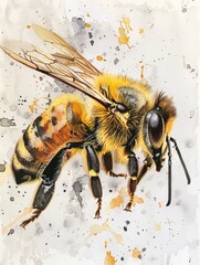 Realistic watercolor painting of a honeybee - A watercolor artwork of a honeybee with meticulously detailed textures, displaying the beauty of insect life and art
