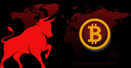 Bitcoin price rising up. Bull run investment Bitcoin Cryptocurrency, bull with bitcoin logo and world map