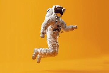 a human wearing an astronaut suit and helm and equipment floating and jumping on a bright yellow...