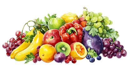 Collection multi-colored useful vegetables, fruits and berries isolated on white background.
