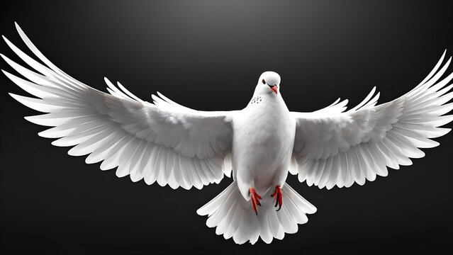 Fototapeta white dove on black. white dove flying. white dove open wing on black background. dove of peace