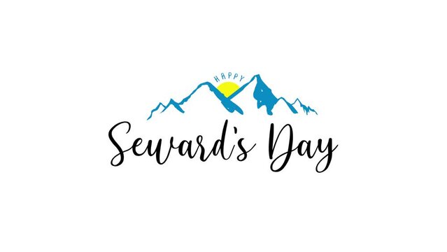 Happy seward alaska day greeting animation text in black color and Alaska mountain illustration, for banner, social media feed wallpaper stories. Alpha channel, 4k. Celebrate on 27 March.