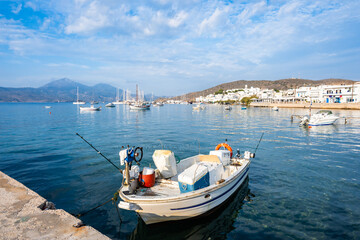 Traditional Greek fishing boat in Adamas port, Milos island, Cyclades, Greece - 749448606