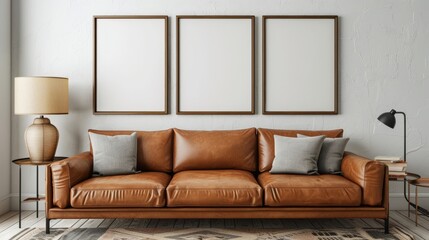Three beautiful picture frames adorn the wall above a luxurious three-seat brown leather sofa. A light brown ginger jar lamp adorns one side. Put on the side table