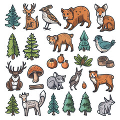 Jungle - Wildlife. Animals. Sticker Collection. Multiple. Vector Icon Illustration. Icon Concept Isolated Premium Vector. Line Art. 