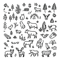 Forest - Wildlife. Animals. Sticker Collection. Multiple. Vector Icon Illustration. Icon Concept Isolated Premium Vector. Line Art. 