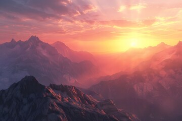 Immerse yourself in the lifelike depiction of a breathtaking sunrise, as its warm glow bathes a majestic mountain landscape in golden hues. - obrazy, fototapety, plakaty