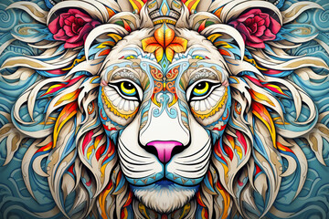 Multicolored Painting like portrait of a Male lion in fantasy multicolored style, Africa, AI generated