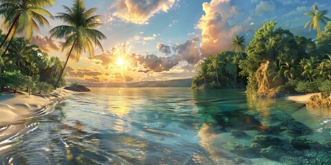Fototapeta na wymiar Capture the allure of a tropical beach escape with a lifelike photograph, as the golden sun casts a warm glow over the sandy shore.