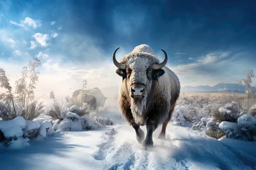 Selbstklebende Fototapeten Large male bison covered with ice walking in snow, AI generated © Gabrielle