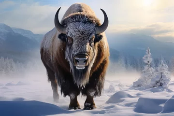 Foto op Plexiglas Large male bison covered with ice walking in snow, AI generated © Gabrielle