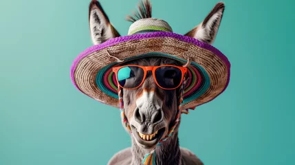 Fotobehang Close up shot of a donkey smiling on simple pastel background wearing a colorful sombrero on his head and sunglasses ,hi detailed © Nemanja