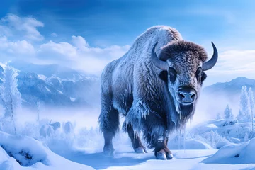 Fotobehang Large male bison covered with ice walking in snow, AI generated © Gabrielle