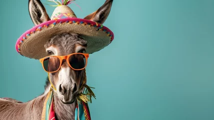 Fotobehang Medium format shot of a donkey on simple pastel background wearing a colorful sombrero on his head and sunglasses ,hi detailed ,commercial  © Nemanja