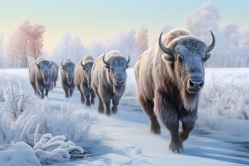 Foto auf Acrylglas Herd of bison covered with ice walking in snow, AI generated © Gabrielle