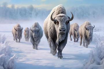 Raamstickers Herd of bison covered with ice walking in snow, AI generated © Gabrielle