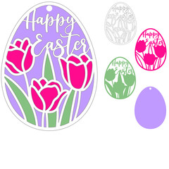 Easter egg with tulip flowers and Happy Easter sign, 3d layered svg for cricut, Spring papercut decoration