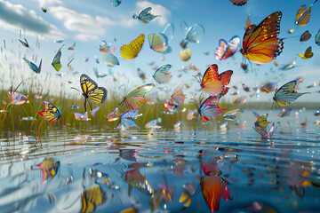 Group of beautiful, stylized glass butterflies flying over a pond, AI generated