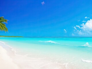 Fototapeta na wymiar Beautiful tropical beach with turquoise ocean waves, blue skies, and white sand
