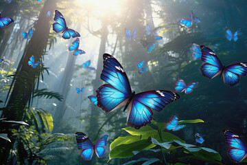 Big group of stylized blue monarch butterflies flying in a natural forest environment, AI generated