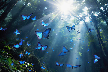 Big group of stylized blue monarch butterflies flying in a natural forest environment, AI generated