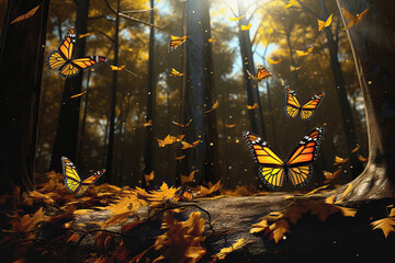Big group of stylized yellow monarch butterflies flying in a natural forest environment, AI...