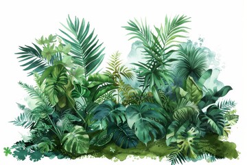 Lush green leaves fill the frame, creating a vibrant nature background Artistic composition of an assortment of tropical plants with featuring different textures and shades of green, for a botanical 