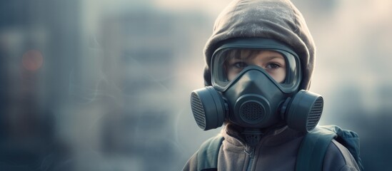 A man is shown walking through a city while wearing a gas mask, protecting himself from harmful pollutants in the air. The urban environment is visible in the background.