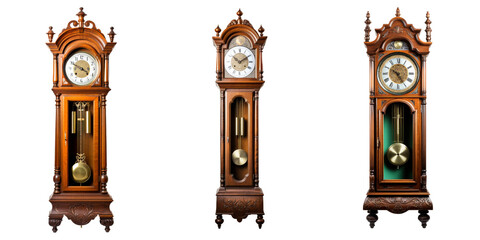 Tall antique grandfather clock isolated on transparent background.