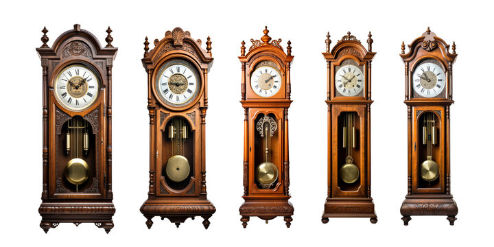 Tall antique grandfather clock isolated on transparent background.