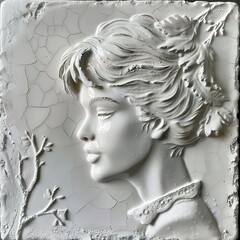 Wabi-sabi style porcelain bas-relief in white colors that represents a young woman, decorative beauty that relaxes the environments, neutral tones, simplicity and naturalness.