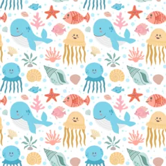 Stickers muraux Vie marine Seamless pattern of kawaii sea animals, shells and seaweed on a white background