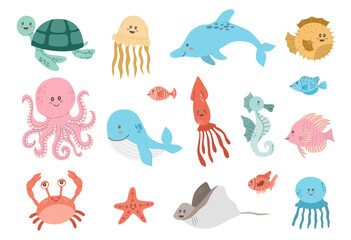 Set with different kawaii sea animals on white background