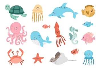 Foto op Plexiglas In de zee Set with different kawaii sea animals on white background