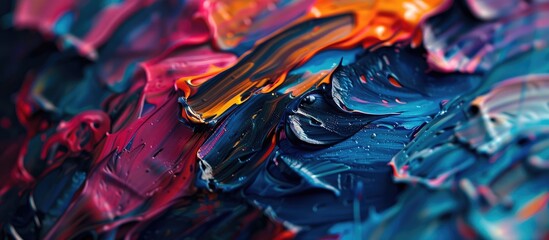 This close-up view showcases a colorful painting with vibrant abstract brushstrokes. The intricate...