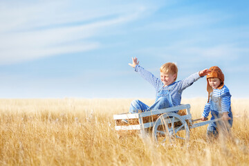 Children play planes in a field on a summer sunny day. - 749449852